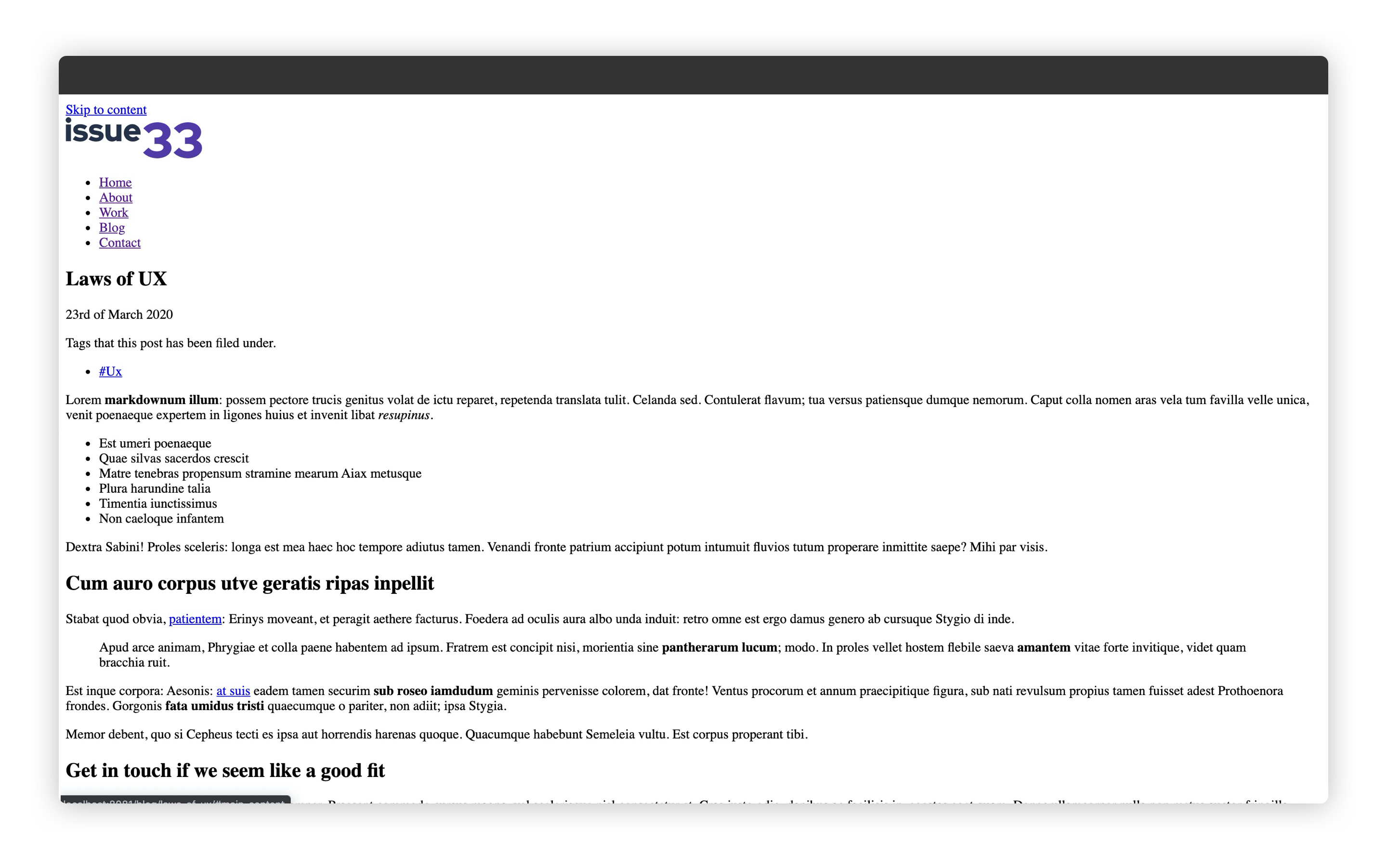 The blog post template with tags and formatted date