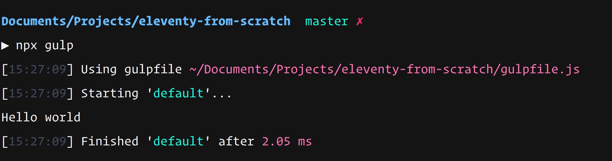 The terminal showing the hello world output from gulp