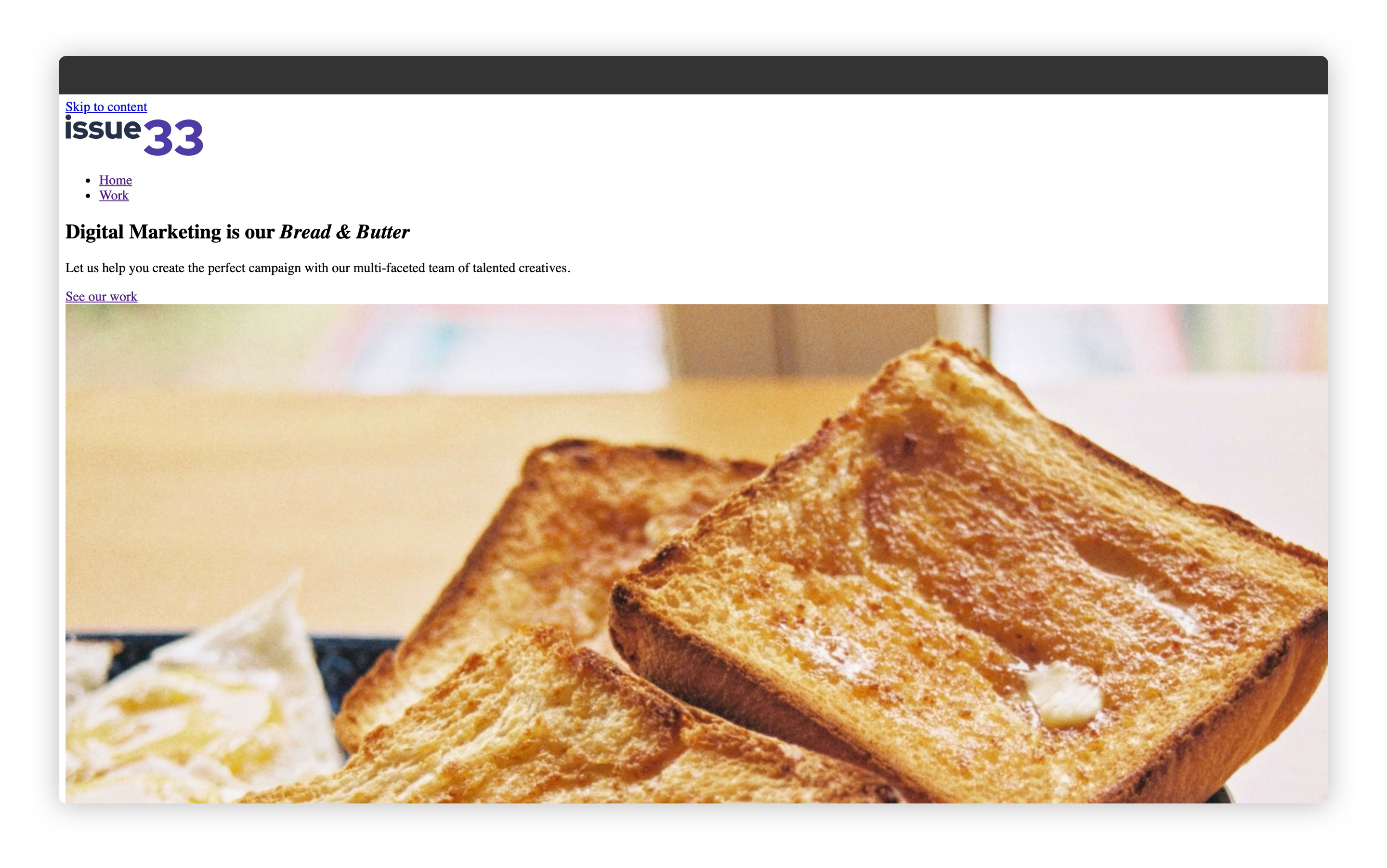 The home page with a new logo and two navigation links